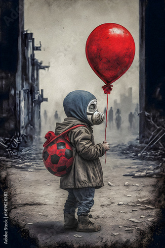 Child with red balloon after nuclear war, granular texture Generative AI