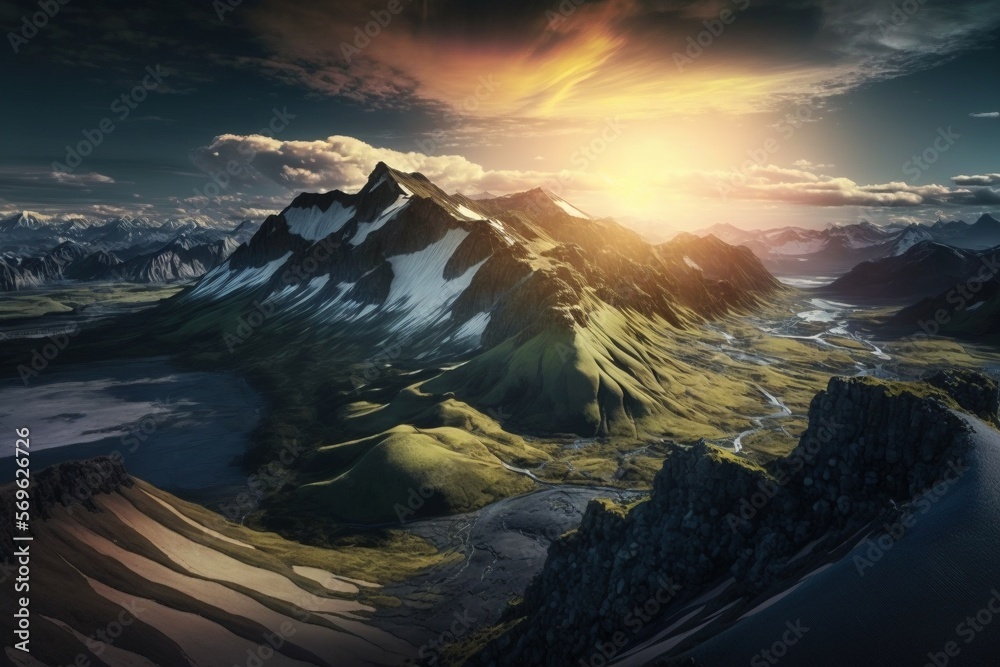 Landschaft mit Bergen und Gras - Sonnenaufgang / Sonnenuntergang - Generative AI