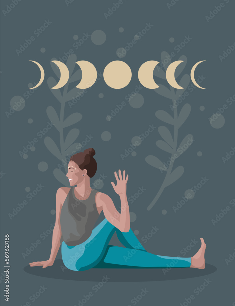 Girl practice asana Marichiasana 3, sitting twist, yoga pose, poster. Faceless style. Vector illustration