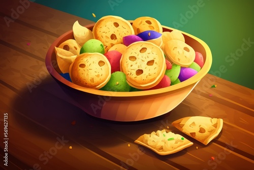 Panipuri or Golgappa is a common street snack from India. It's a round, hollow puri filled with a mixture of flavoured water and other chat items. Over colourful or wooden background. Selective focus photo