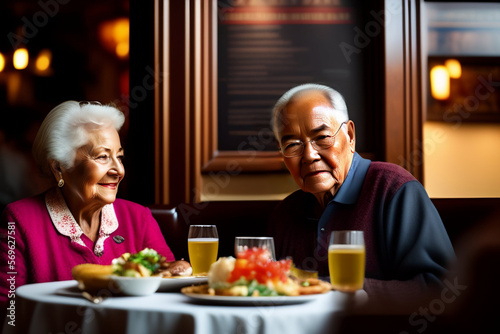 Chinese seniors 70s couple sit at table in restaurant. Food and drink  eternal love  family holiday celebration concept. Generative AI close up painting