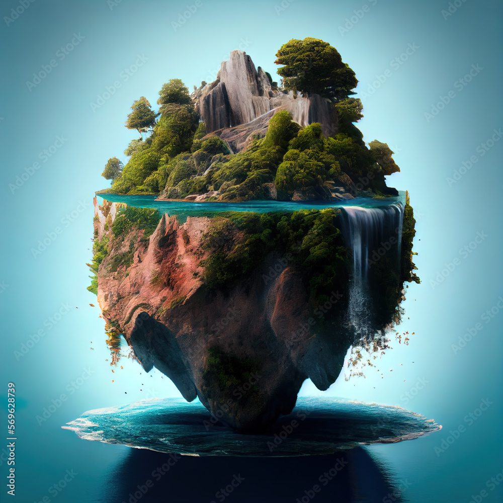 Fantasy magical floating island in the sea with trees and waterfalls ...