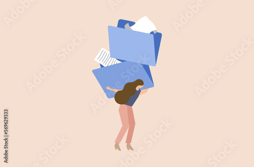 Flat design of busy office worker, businesswoman with overwhelmed work, flat design of work life not balance vector, overwhelming business tasks vector, files and folders vector design.