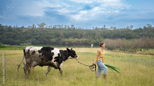 Young adult woman farmer walks in natural grass field with her cow at sunset. Small agribusiness concept.