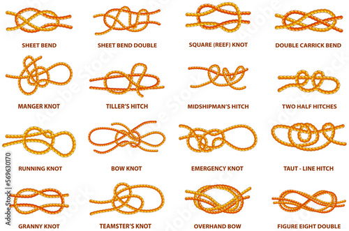 Yellow nautical rope knot, interweaving of ropes, tapes or other flexible linear materials. Twisted tape set isolated. For fast and reliable fastening of any tackle or connection between two cables