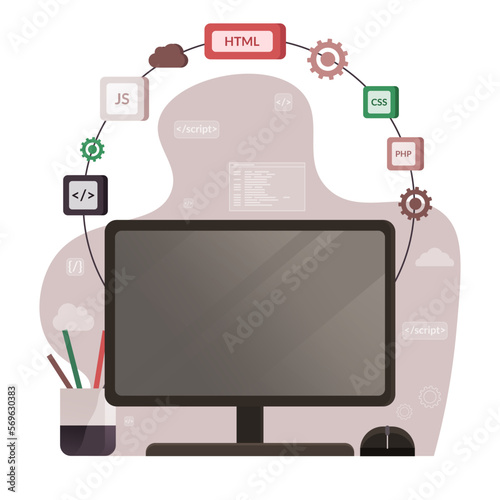 Programming languages design and program code on screen. Software, web development, programming concept. Computer monitor and icons company network . Technology process of information script