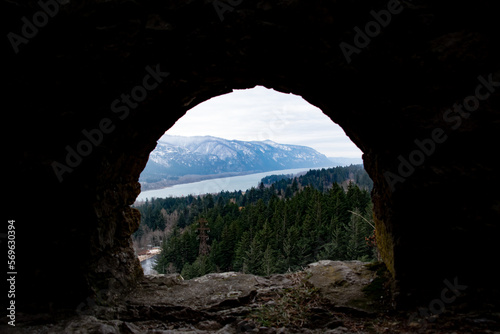 The Columbia River Gorge in Oregon & Washington Framed Through Stone Arch