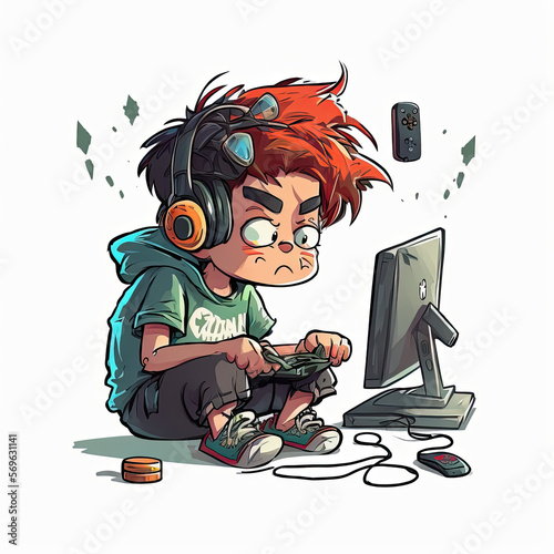 Young Teenager addicted to computer gaming, Cartoon illustration style. Generative AI