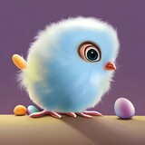 Vector illustration of cute Easter chick with colorful eggs, purple background, created with AI generative tools