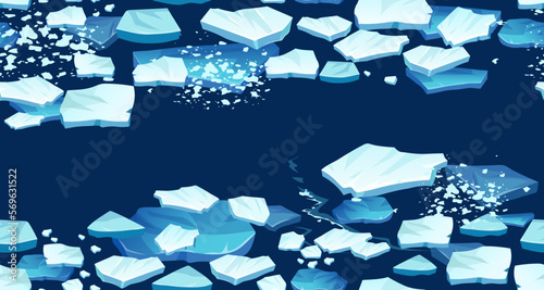 Atlantic, antarctic floes, glaciers and icebergs floating on surface. Isolated masses of cracked ice. Global warming, climate change. Frozen blue water. Seamless background for computer game.