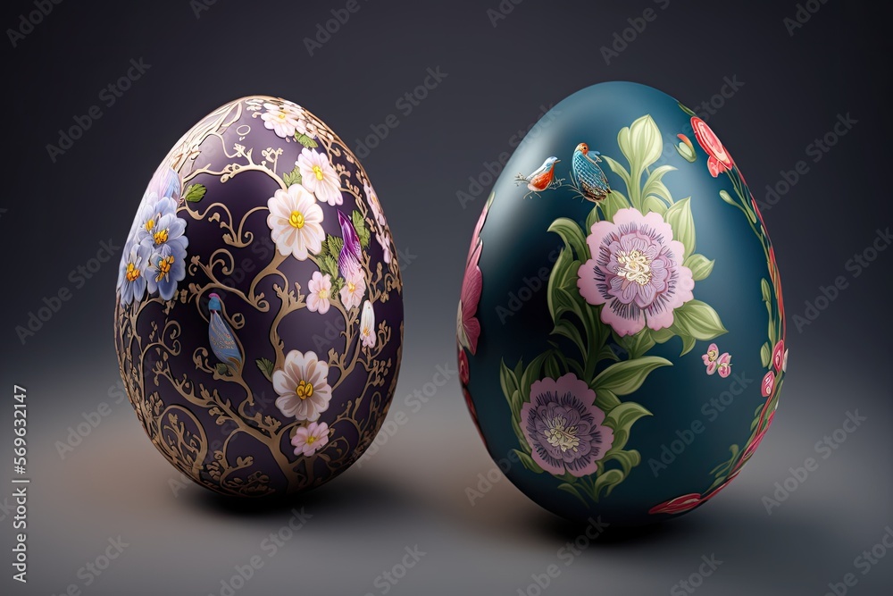Two Easter eggs painted for spring, both painted with flowers Two Easter eggs painted for spring, both painted with flowers