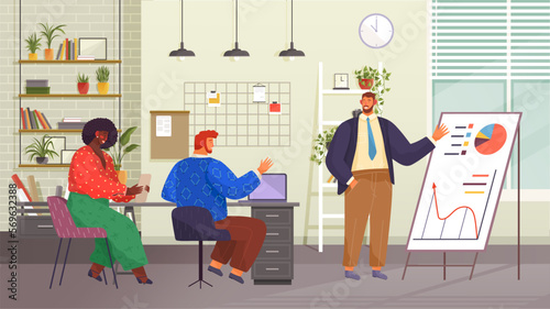 Project presentation concept. People at business meeting or marketing conference in office. Corporate business manager explaining quarterly report data to partners. Analysis of financial results