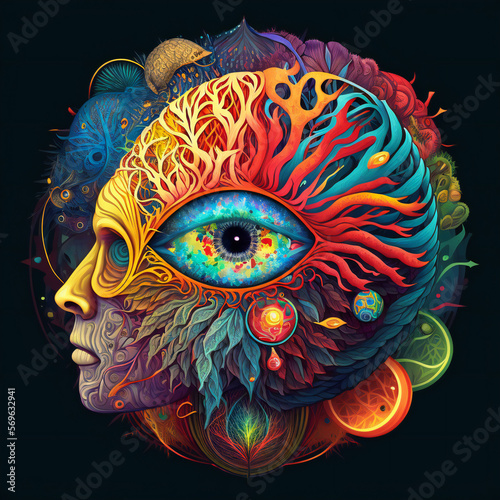 colorful brain with an eye, knowledge creativity, isolated black background, generative AI