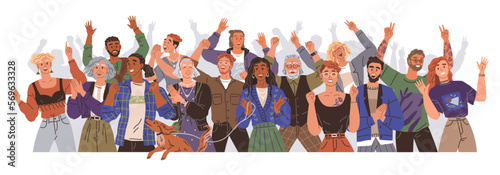 Set of people celebrating win or goal achievement. Happy team or group of friends with hands up isolated on white background. Concept of victory and success. Cheering and Ovation. Cheerful characters