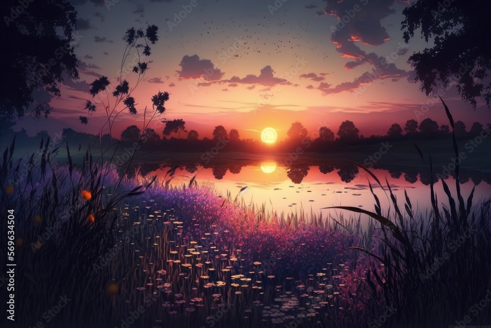 A Tranquil Evening of Wonder - Sunset on the Meadow Generative AI