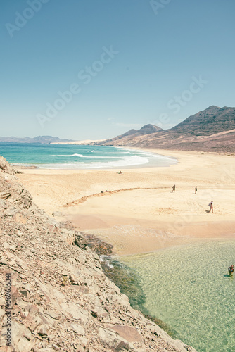 Fuerteventura Spain. September 14, 2022. Tourists on the Cofete beach in Fuerteventura