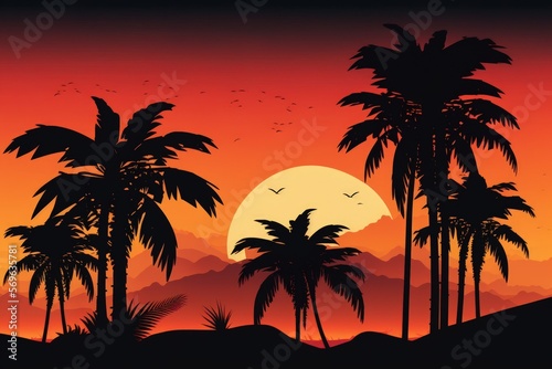 Palm palms in the light of sunset. Generative AI