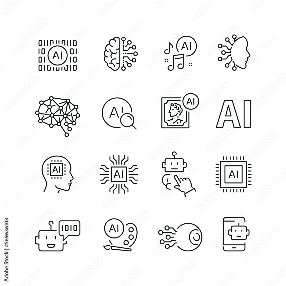 Artificial intelligence related icons: thin vector icon set, black and white kit Artificial intelligence related icons: thin vector icon set, black and white kit