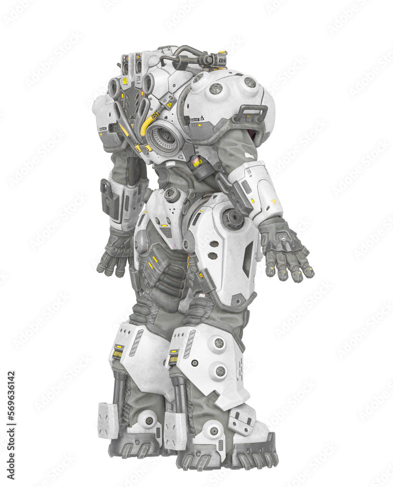 powered combat suit in a pose rear side view