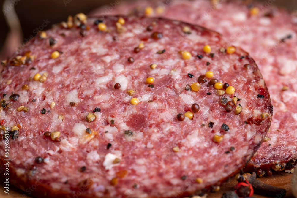 Sliced salami using beef meat with spices