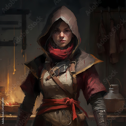 An eerie illustration of a stealthy assassin cloaked in a butcher's dress photo