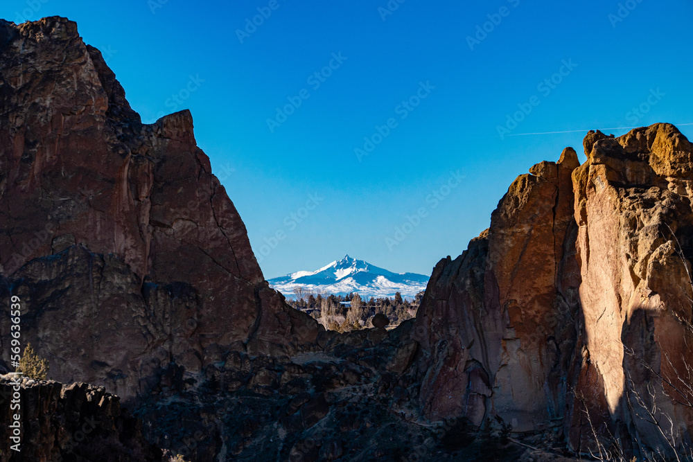 Mt. Washington Framed Through the Cliffs of Smith Rock State Park, OR