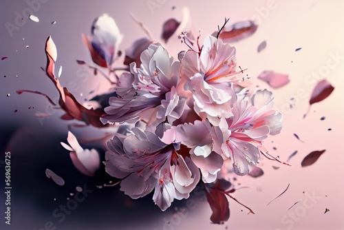 pink cherry blossom  Sakura flower and petals floating in the air with soft white background, generative AI Art