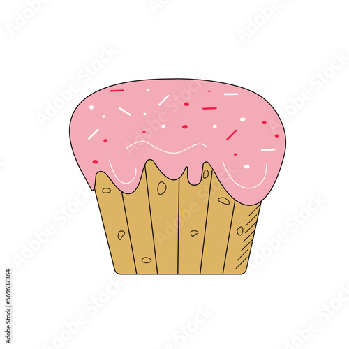 Easter Kuliches  with cream and caramel. Muffin, cake. Food, dessert, sweets in doodle style. Sweet pastries. Vector illustration isolated background.