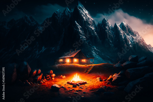 A mountain landscape in Italy with a warmly lit cabin and a fire pit