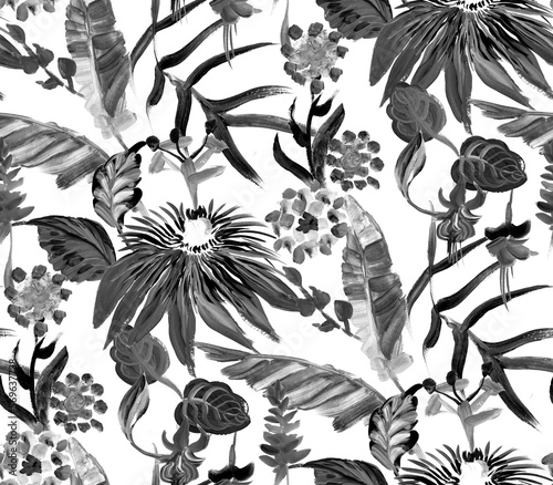 Wallpaper Mural monochrome black and white seamless pattern with multicolored tropical flowers and leaves on a Torontodigital.ca