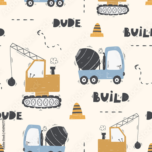 Cute children's seamless pattern with trucks and diggers in Scandinavian style on a white background. Building equipment. Funny construction transport