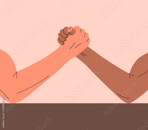 Two men in arm wrestling battle. Two strong muscular hands. Sports competition. Muscle strength. Flat vector illustration