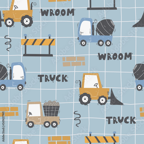 Cute children's seamless pattern with trucks and diggers in Scandinavian style on a white background. Building equipment. Funny construction transport