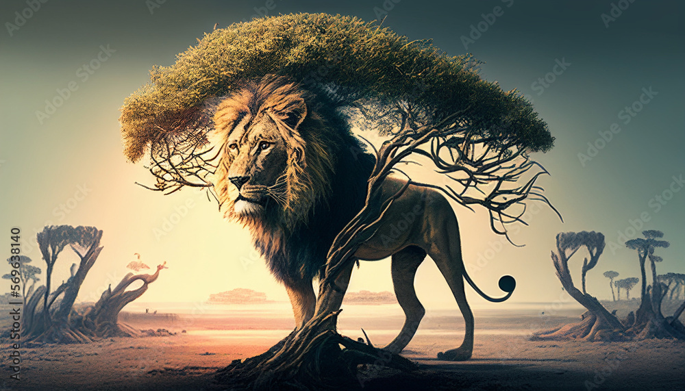 lion in the sunset background - generative AI Stock Illustration ...