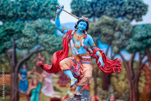 India, Vrindavan, January 2020: Dancing Krishna. Sculpture at Prem Mandir temple is maintained by Jagadguru Kripalu Parishat, an international non-profit, educational, spiritual, charitable trust.