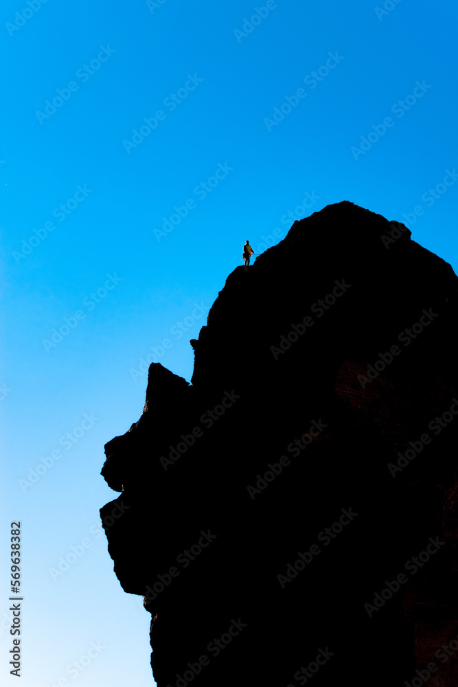 Silhouette of Mountain Climber at Top of Monkey Face inn Smith Rock State Park, OR