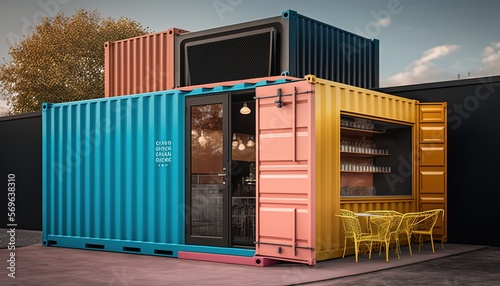 modern contemporary restaurant or cafe made from shipping container, Asian theme, Generative Ai
