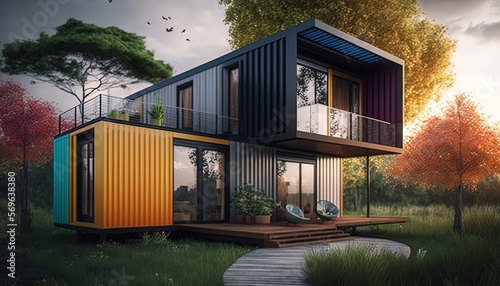 concept of sustainability and recycle , container box remake as restaurant, office or house, modern and contemporary design with nature landscape background, Europe style exterior, Generative Ai © QuietWord