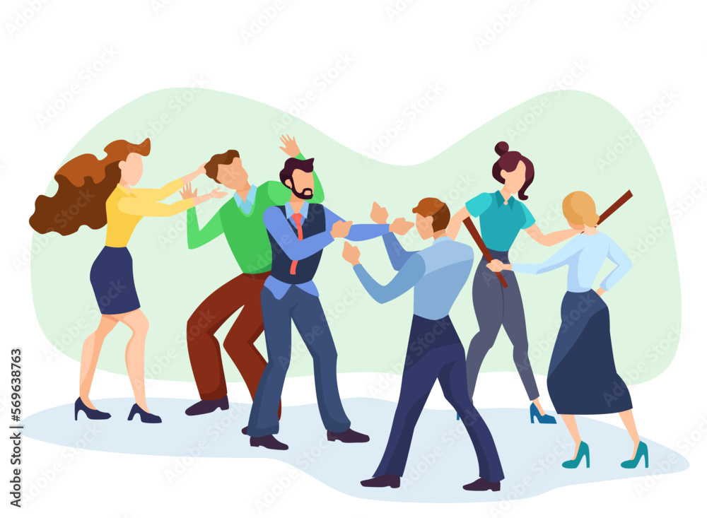 Office people fighting or competing at workplace. Business rivals pulling hair, throwing fists, holding sticks flat vector illustration. Conflict, competition, violence concept for banner