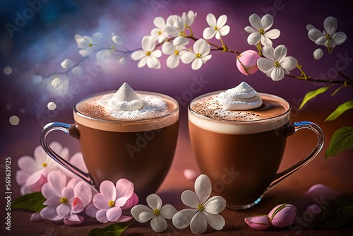Tableau sur toile Artistic beautiful romance two cups of hot chocolate serve with spring flower bl