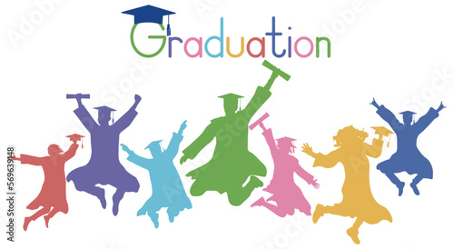 Happy jumping graduate students with diplomas, color silhouettes. Vector illustration