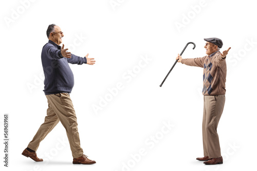 Full length profile shot of a happy mature man meeting an elderly male friend