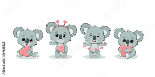Photography set of cute cartoon koalas with a heart on white background