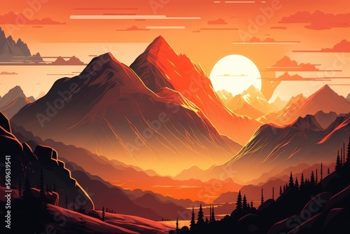 Stunning  imposing mountains in the sunset. Sunlight beaming through orange clouds in a landscape. Generative AI