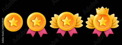 3D value medal icon set, ranking quality game badge kit, golden winner coin, star, crown, ribbon. UI casino trophy, motivation customer award prize, vector victory graduate emblem. 3D medal collection