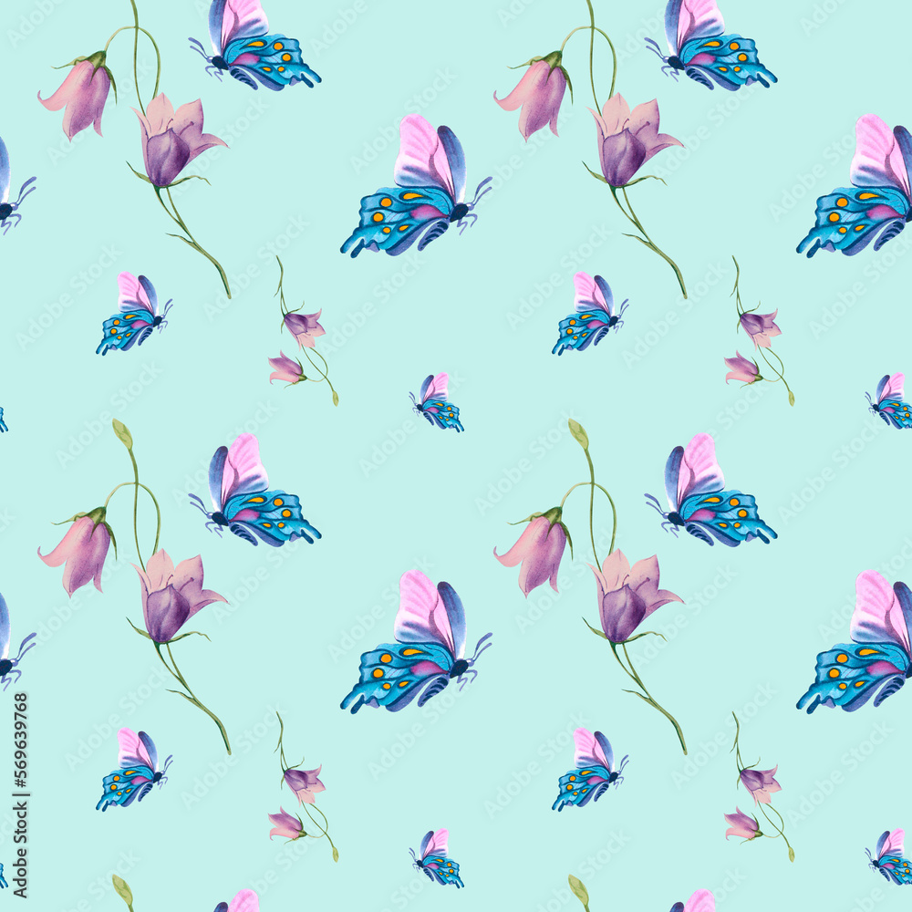 Obraz premium A pattern of butterflies and flowers. Collage. Mosaic. Watercolor illustration. Spring pattern. Textiles, packaging.