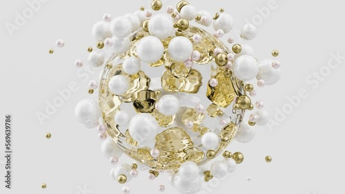 Crystal transparent liquid ball with golden molecules inside and white and metal golden soft spheres outside. 3D liquid spheres. Beauty vitamin molecules flying around.