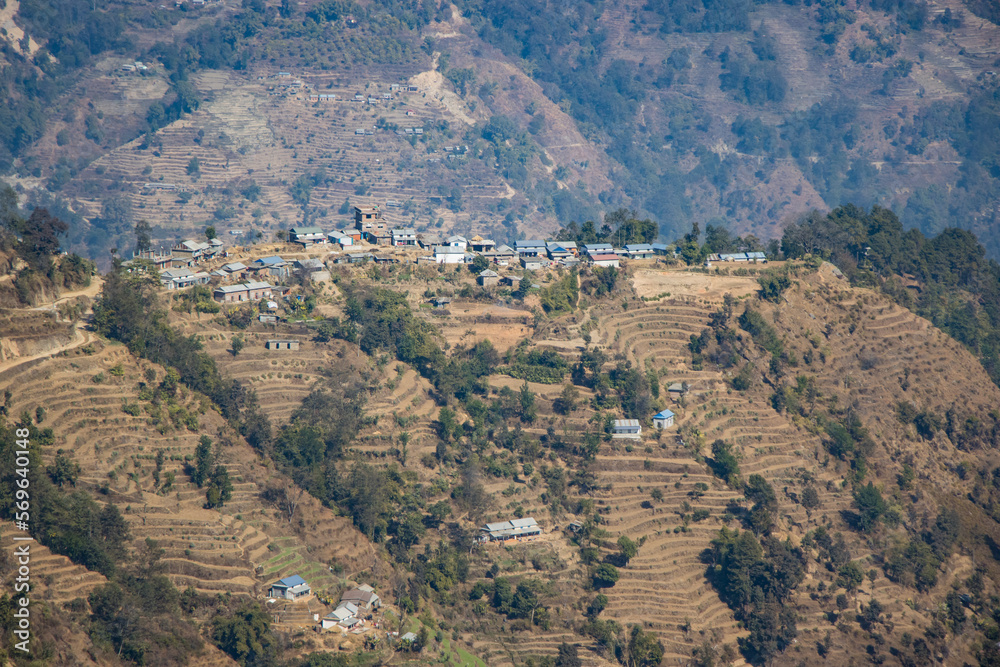 Tiny Village of Bhotechaur with HImalayas in the Background