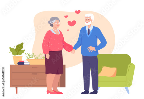 Senior man and woman holding hands at home. Old couple planning retirement together flat vector illustration. Love, health, retirement, elderly care concept for website design or landing web page