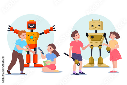Cartoon boys and girls creating robots during competition. Children building machines, robotics contest at school flat vector illustration. Robotics, childhood, technology, AI concept for banner